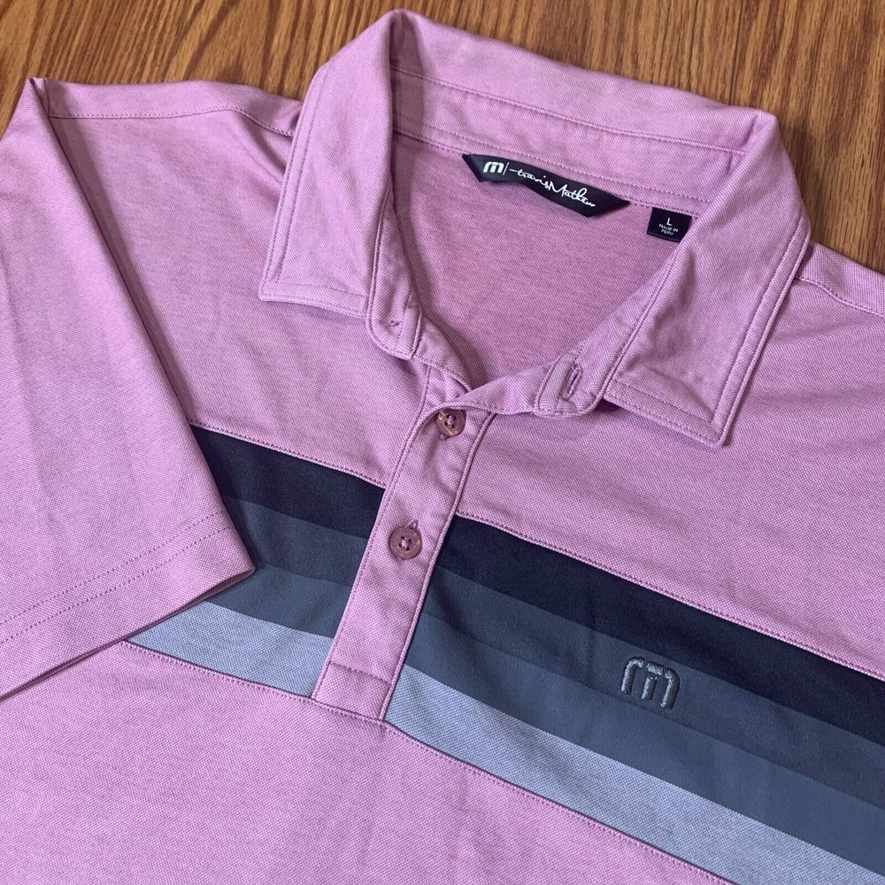 Travis Mathew Pink Polo Shirt with Black and Gray Stripes